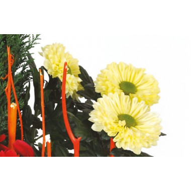 Fleurs en Deuil | zoom sur les chrysanthèmes de la Composition deuil rouge & jaune Jardin d'Hiver
