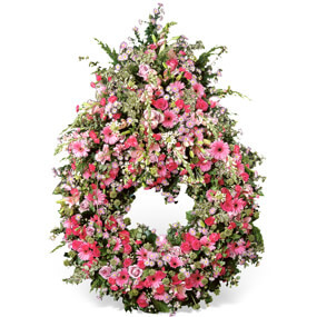 Fleurs en Deuil | mosaïque : vue sur la Couronne de deuil de fleurs roses "Sérénité Eternelle"