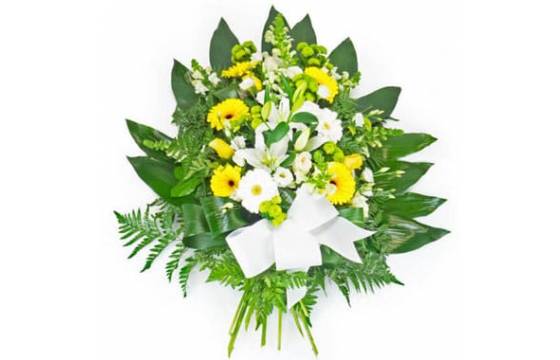 Fleurs en Deuil | image de la Gerbe de fleurs piquées jaunes & blanches Fleurs en Deuil | image de la Gerbe de fleurs piquées jaunes & blanches