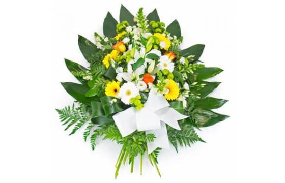 Fleurs en Deuil | image de la Gerbe de fleurs piquées jaunes oranges & blanches Fleurs en Deuil | image de la Gerbe de fleurs piquées jaunes oranges & blanches