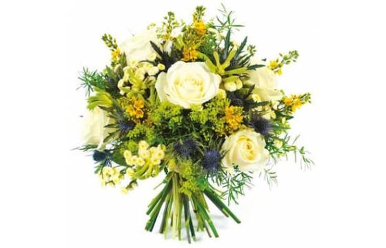 Fleurs en Deuil| Image du bouquet rond de fleurs blanche et jaune Alchimie Fleurs en Deuil| Image du bouquet rond de fleurs blanche et jaune Alchimie