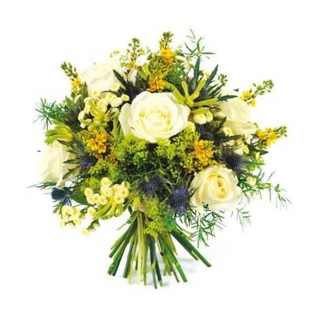 Fleurs en Deuil| Image du bouquet rond de fleurs blanche et jaune Alchimie