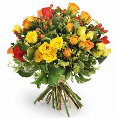 Fleurs en Deuil | image du Bouquet de roses rouges, jaunes, oranges "Panama"