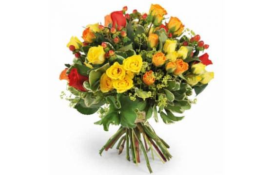 Fleurs en Deuil | image du Bouquet de roses rouges, jaunes, oranges "Panama"