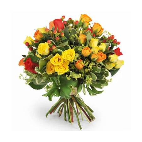 Fleurs en Deuil | image du Bouquet de roses rouges, jaunes, oranges "Panama"