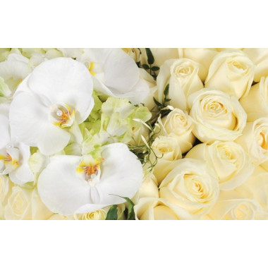 Fleurs en Deuil | zoom sur le centre du coeur en fleurs sur les roses blanches et orchidées