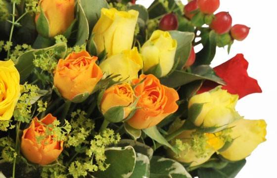 Fleurs en Deuil | zoom sur des rose oranges du Bouquet de roses rouges, jaunes, oranges "Panama" Fleurs en Deuil | zoom sur des rose oranges du Bouquet de roses rouges, jaunes, oranges "Panama"