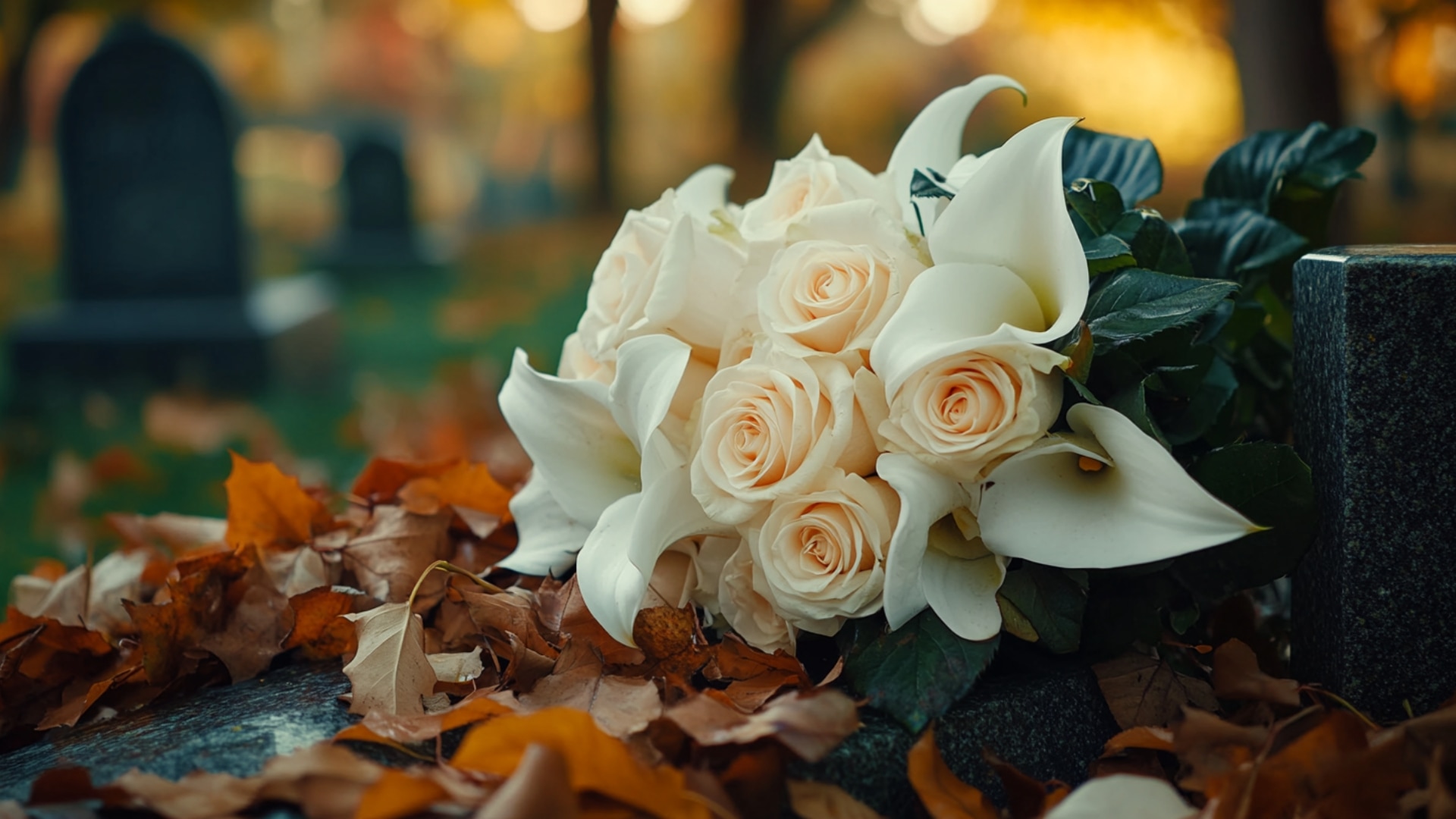Bouquet de fleurs de deuil avec des roses blanches et des lys sur une tombe en automne