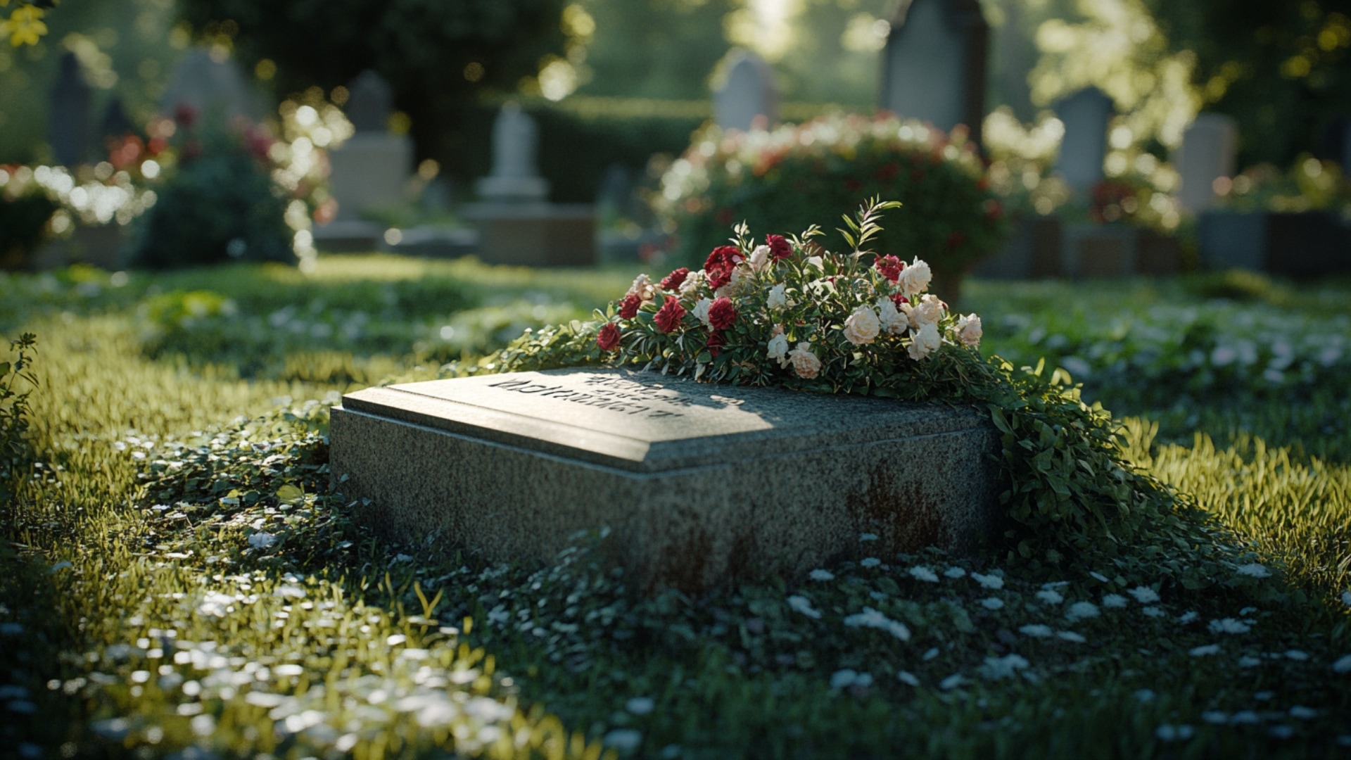 Tombe entretenue avec des fleurs fraîches dans un cimetière paisible