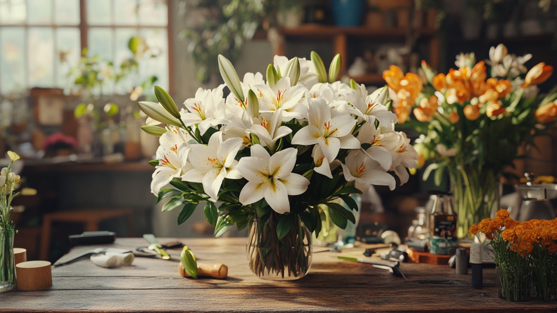 composition florale de deuil dans un atelier avec des fleurs fraîches de saison