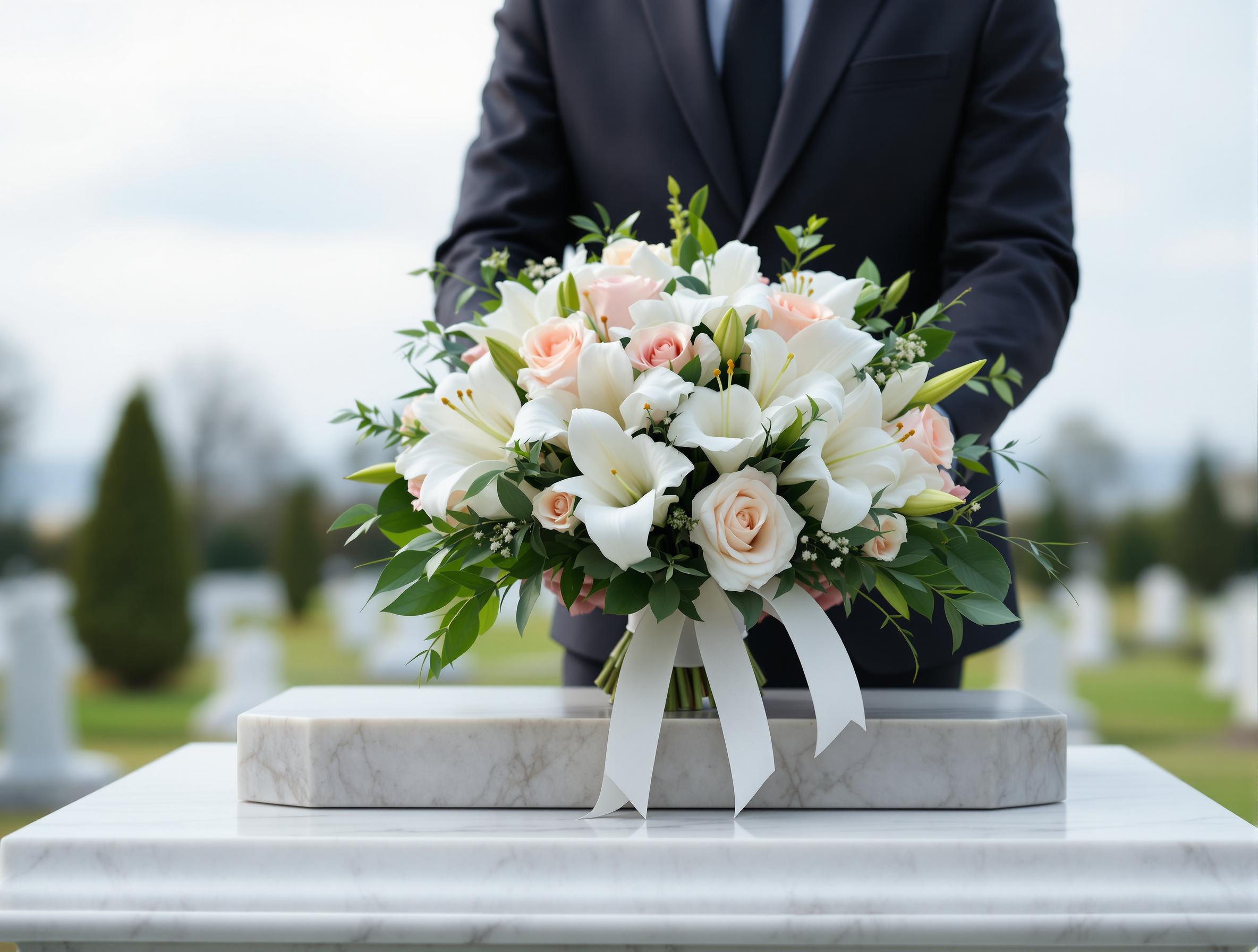 Livraison de fleurs funéraires sur un site funéraire avec un bouquet élégant.