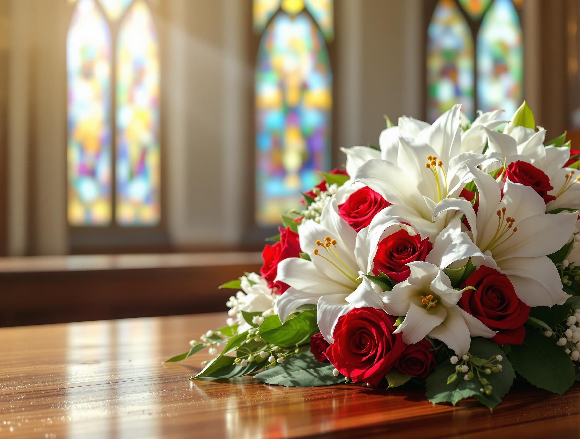 Symbolique des fleurs pour un enterrement féminin avec des roses rouges, lys blancs et orchidées blanches dans un cadre funéraire élégant.