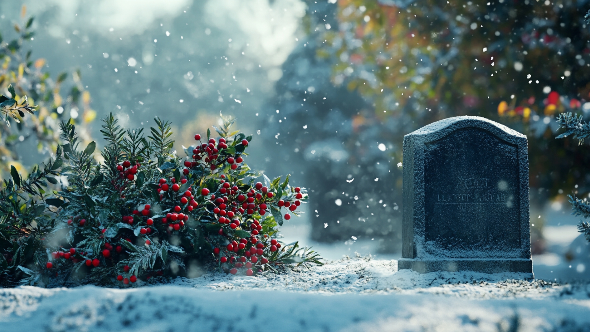 Décorations naturelles avec houx et branches de sapin sur une tombe