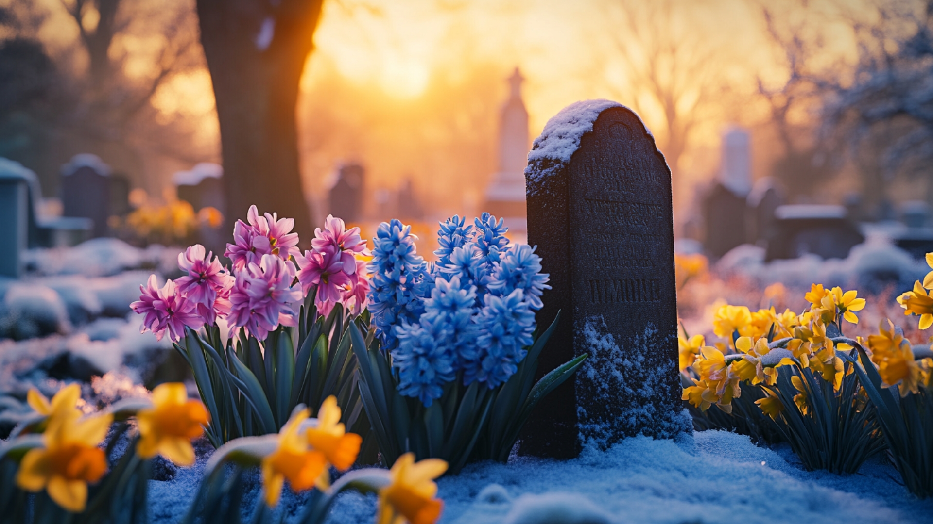 Fleurs parfumées comme jacinthes et jonquilles sur une tombe hivernale