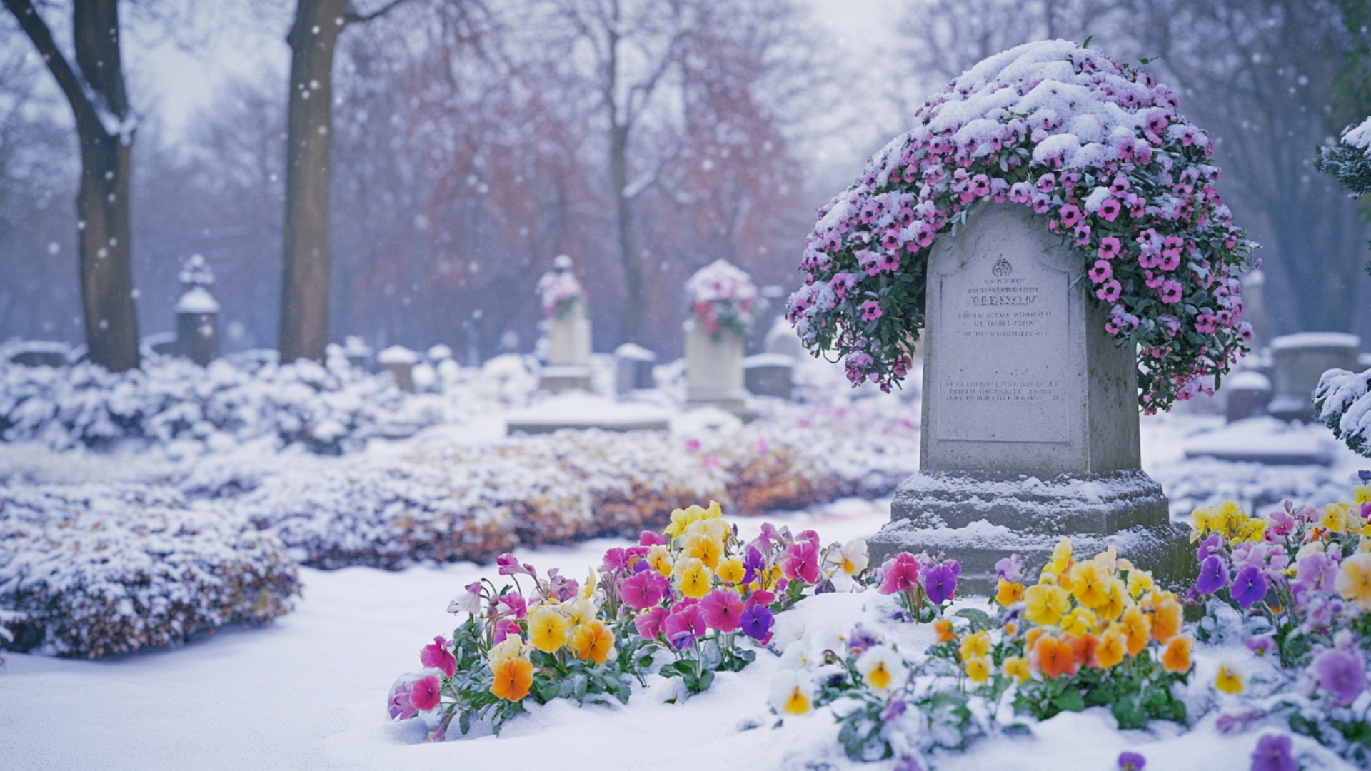 Hellébores et pensées colorées sur une tombe en hiver
