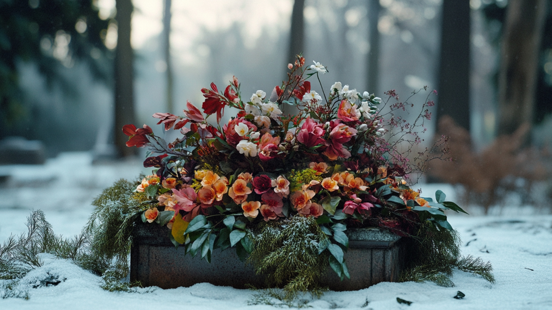 Jardinière funéraire personnalisée avec plantes vivaces et fleurs d’hiver
