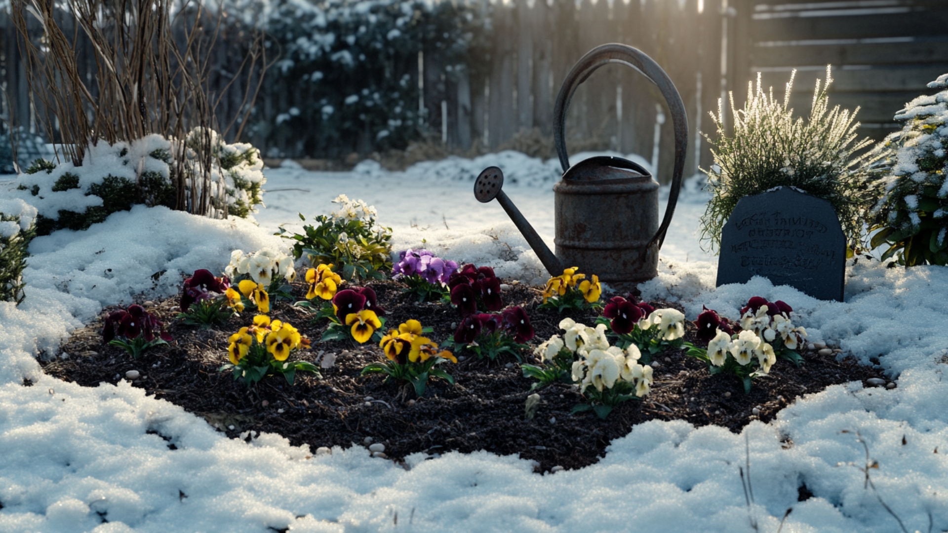 Tombe hivernale avec paillage et fleurs protégées du gel