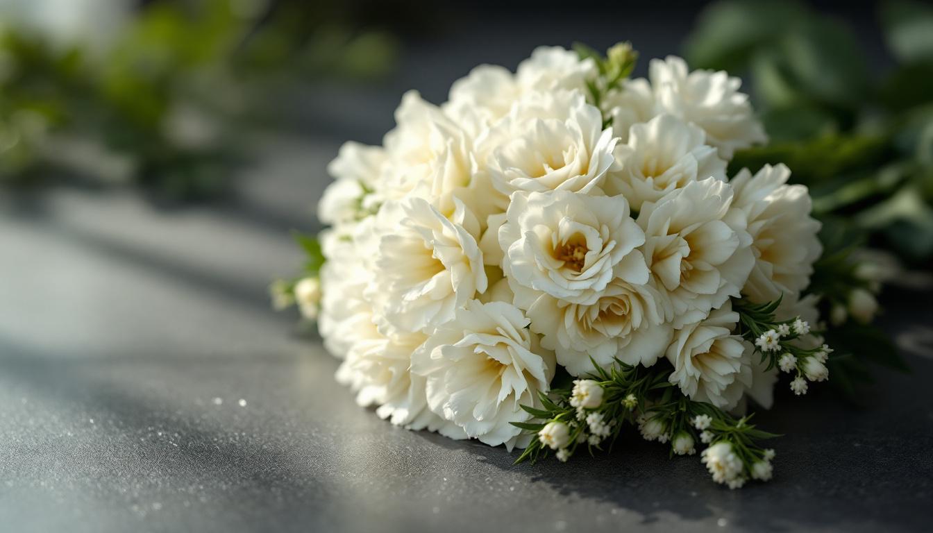 Bouquet miniature d'œillets blancs, symboles de discrétion et de respect