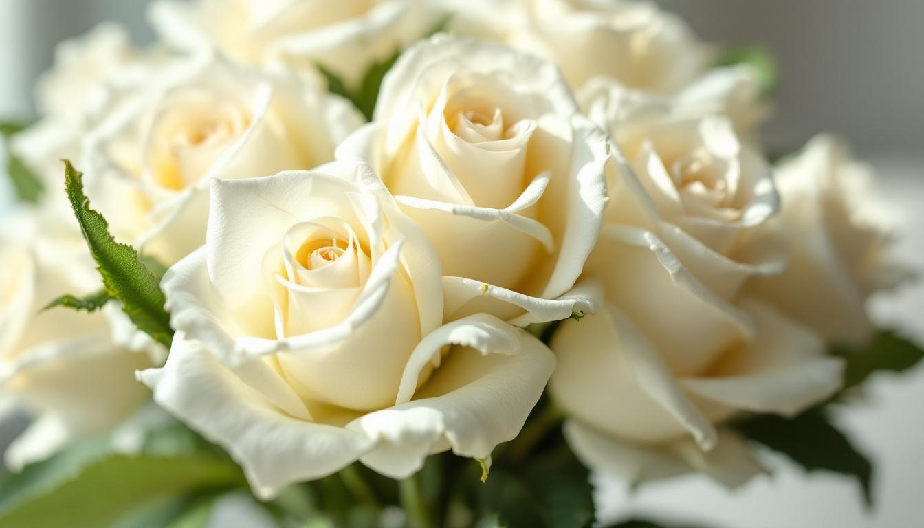 Bouquet rond miniature de roses blanches symbolisant la tendresse et l'amour éternel