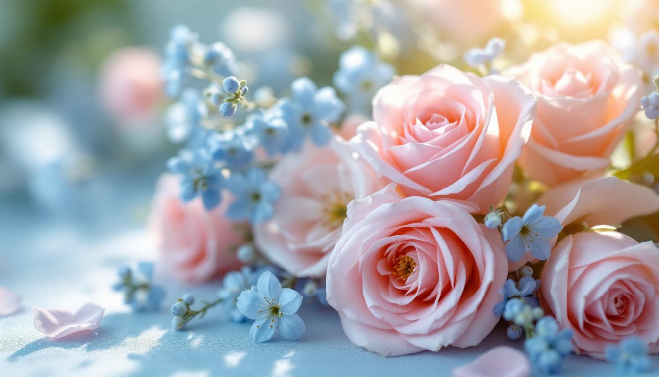 Composition florale miniature aux couleurs pastel délicates rose pâle et bleu ciel