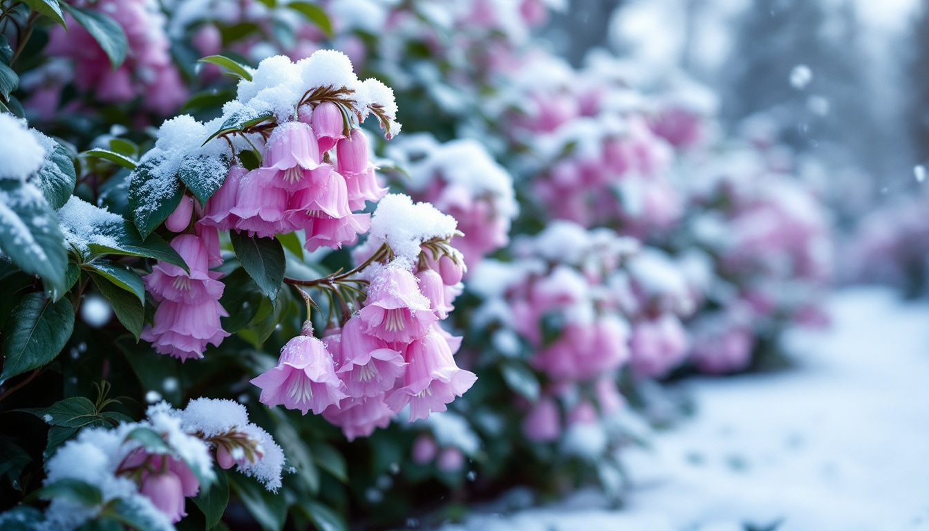 Photo de bruyère d'hiver Erica carnea fleurissant sous la neige avec des grappes de petites clochettes roses, blanches ou violettes, feuillage vert sombre, dans un cimetière d'hiver paisible
