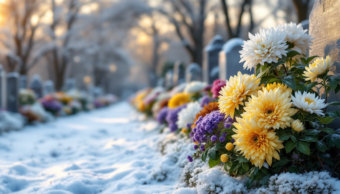 Photo de chrysanthèmes traditionnels blancs, jaunes, bronze et violets en composition florale en plein cimetière d'hiver, résistants au gel