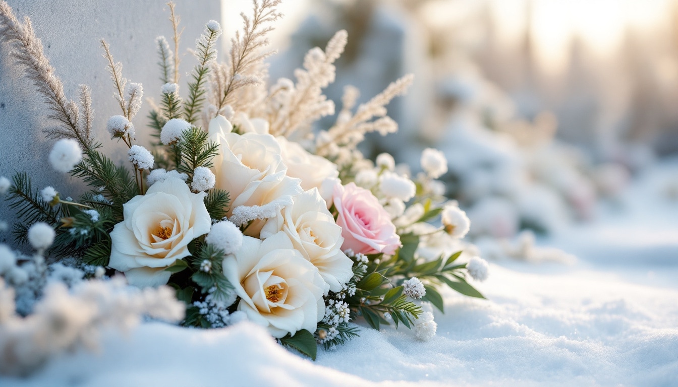 Photo d’une composition florale hivernale harmonieuse combinant fleurs pastel blanc, crème, rose pâle, conifères et herbes ornementales dans un cimetière