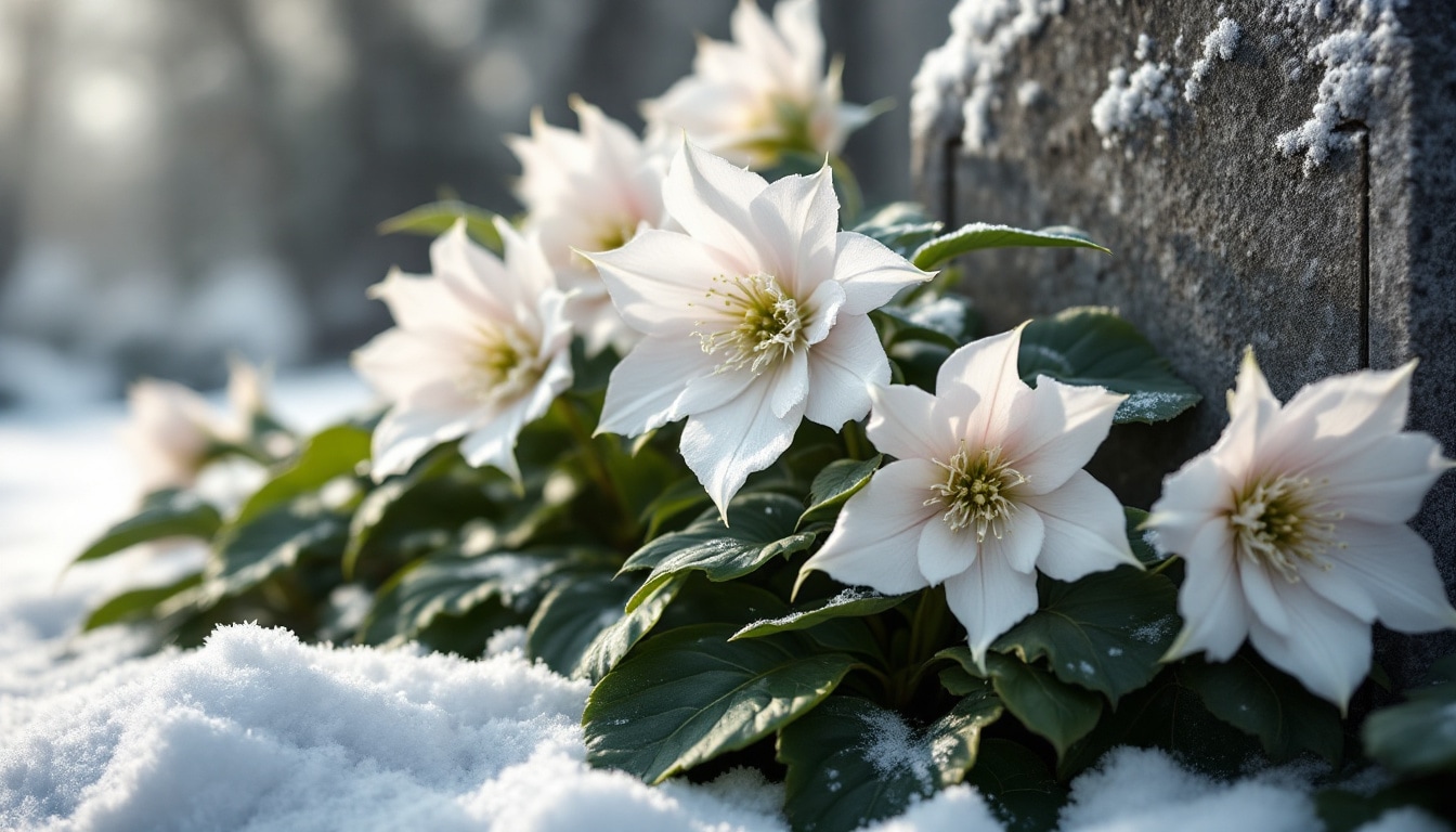 Photo d’hellébores ou roses de Noël blanches et rosées, fleur délicate avec feuillage persistant vert foncé dans un paysage hivernal de cimetière