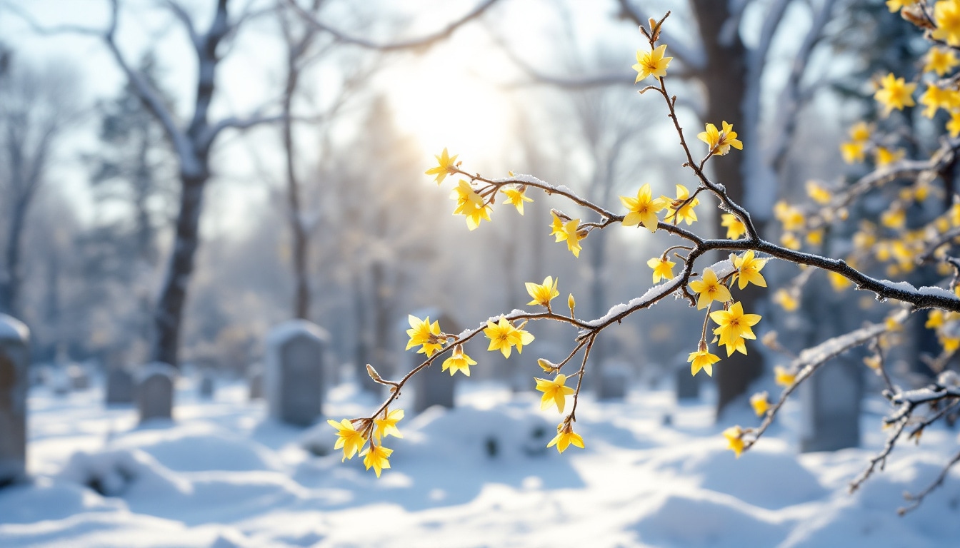 Photo de jasmin d'hiver Jasminum nudiflorum avec fleurs jaunes éclatantes sur branches souples dans un environnement cimetière enneigé