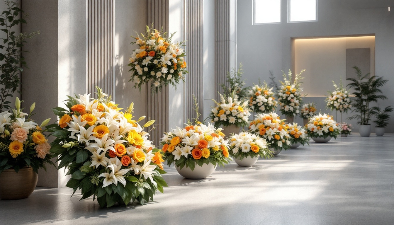 Divers types de compositions florales adaptées aux crémations : bouquets ronds, couronnes mortuaires et compositions en hauteur