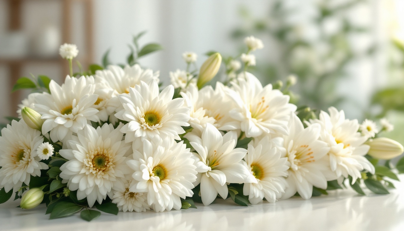 Fleurs symboliques du deuil pour une crémation : chrysanthèmes, lys blancs et œillets blancs en hommage floral