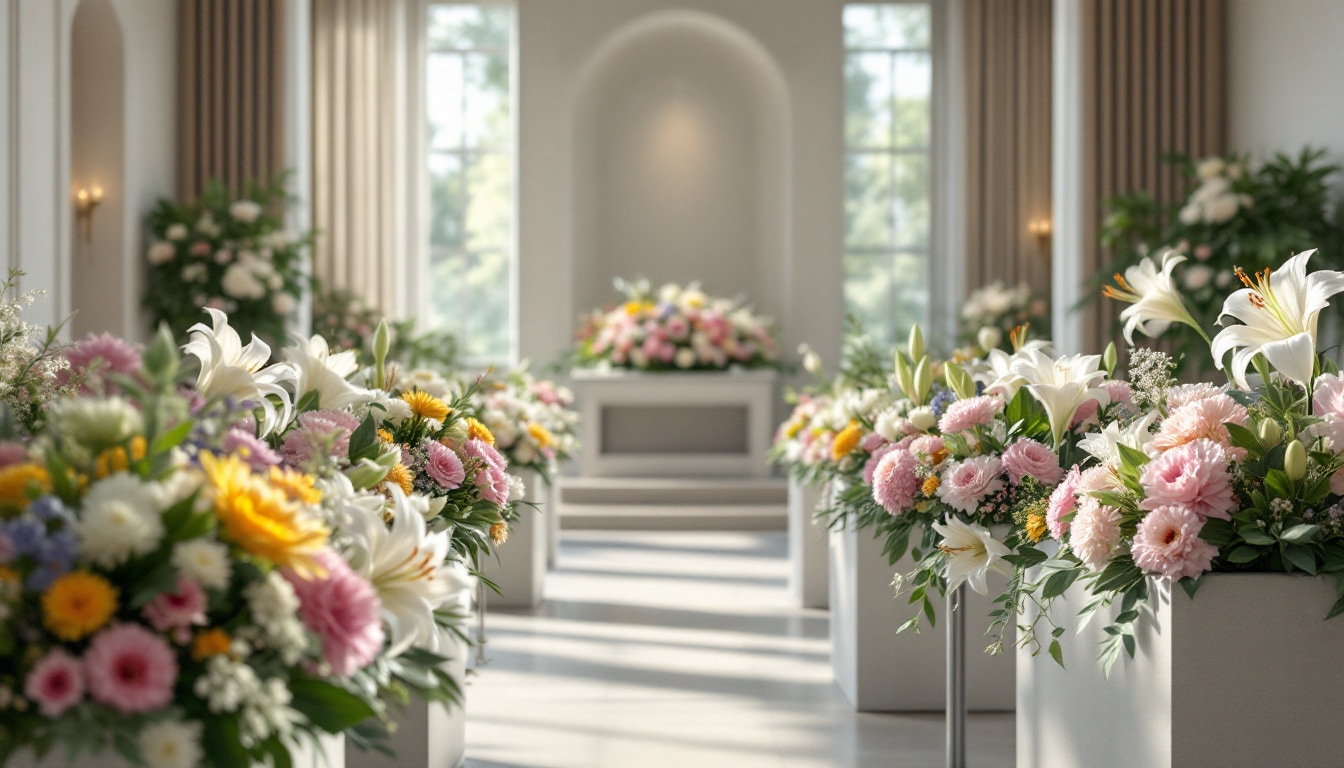 Préparation et présentation de fleurs fraîches lors d’une cérémonie de crémation dans un crématorium français