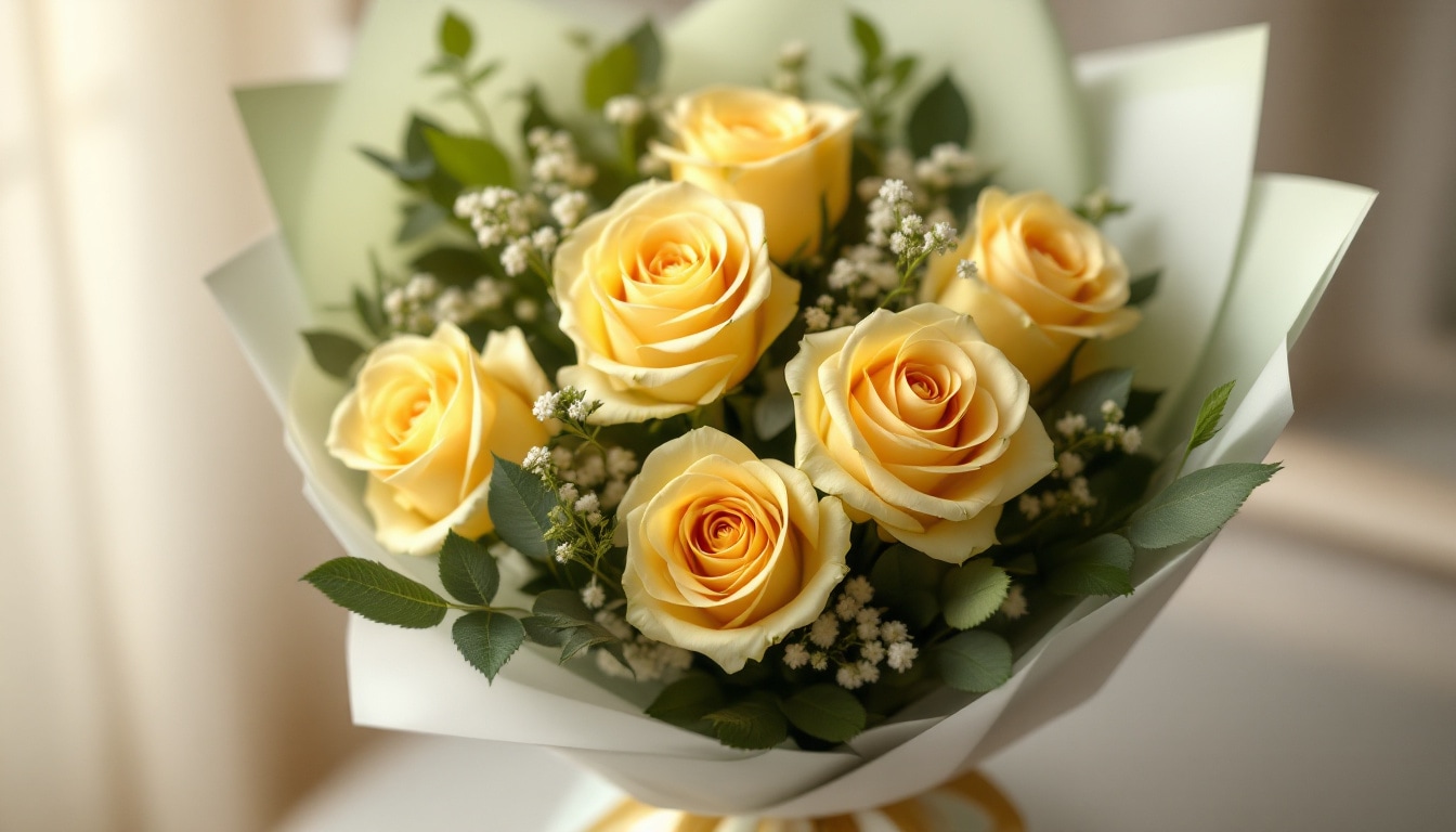 Bouquet de roses jaunes et rosées, symbolisant l’amitié sincère et l’espoir lors des funérailles