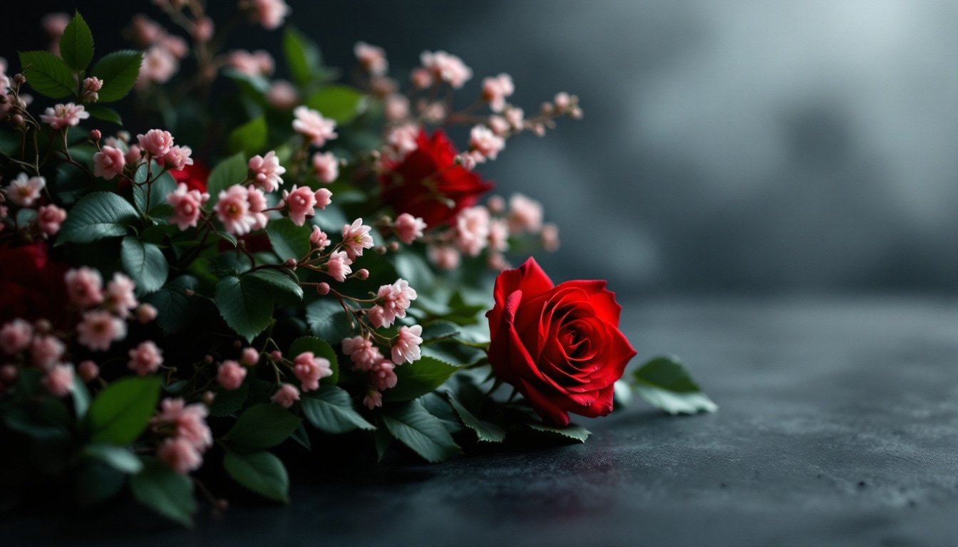 Bouquet funéraire avec une rose rouge unique symbolisant l'amour éternel et le respect lors d'un enterrement