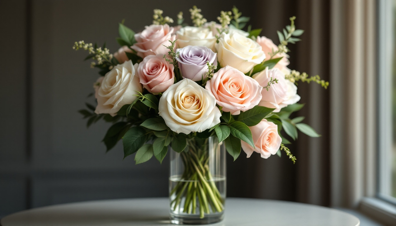 Composition funéraire élégante avec roses blanches et pastel représentant le respect et la générosité