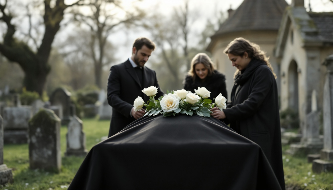 Famille réunie lors d’une cérémonie funéraire avec roses blanches symbolisant l’espoir et l’optimisme