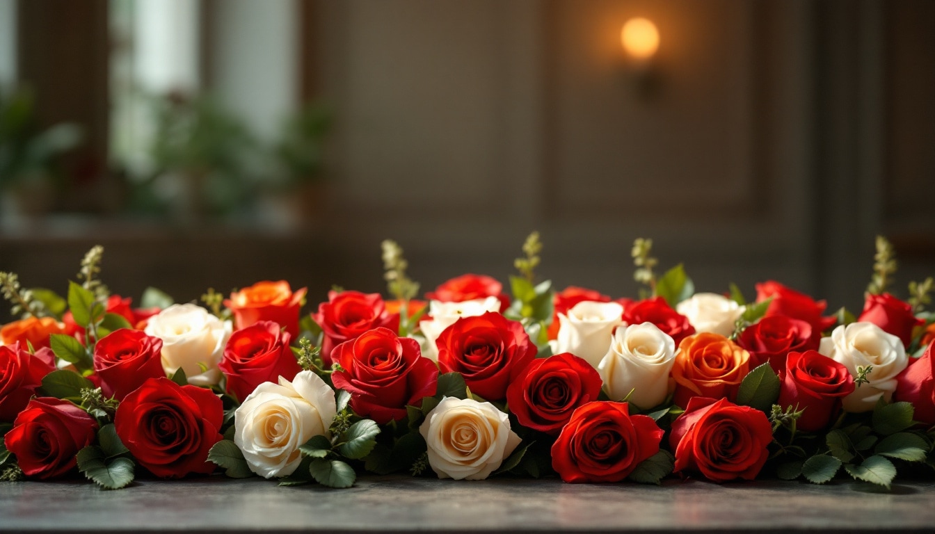 Hommage funéraire avec roses rouges et blanches symbolisant un amour inconditionnel et profond