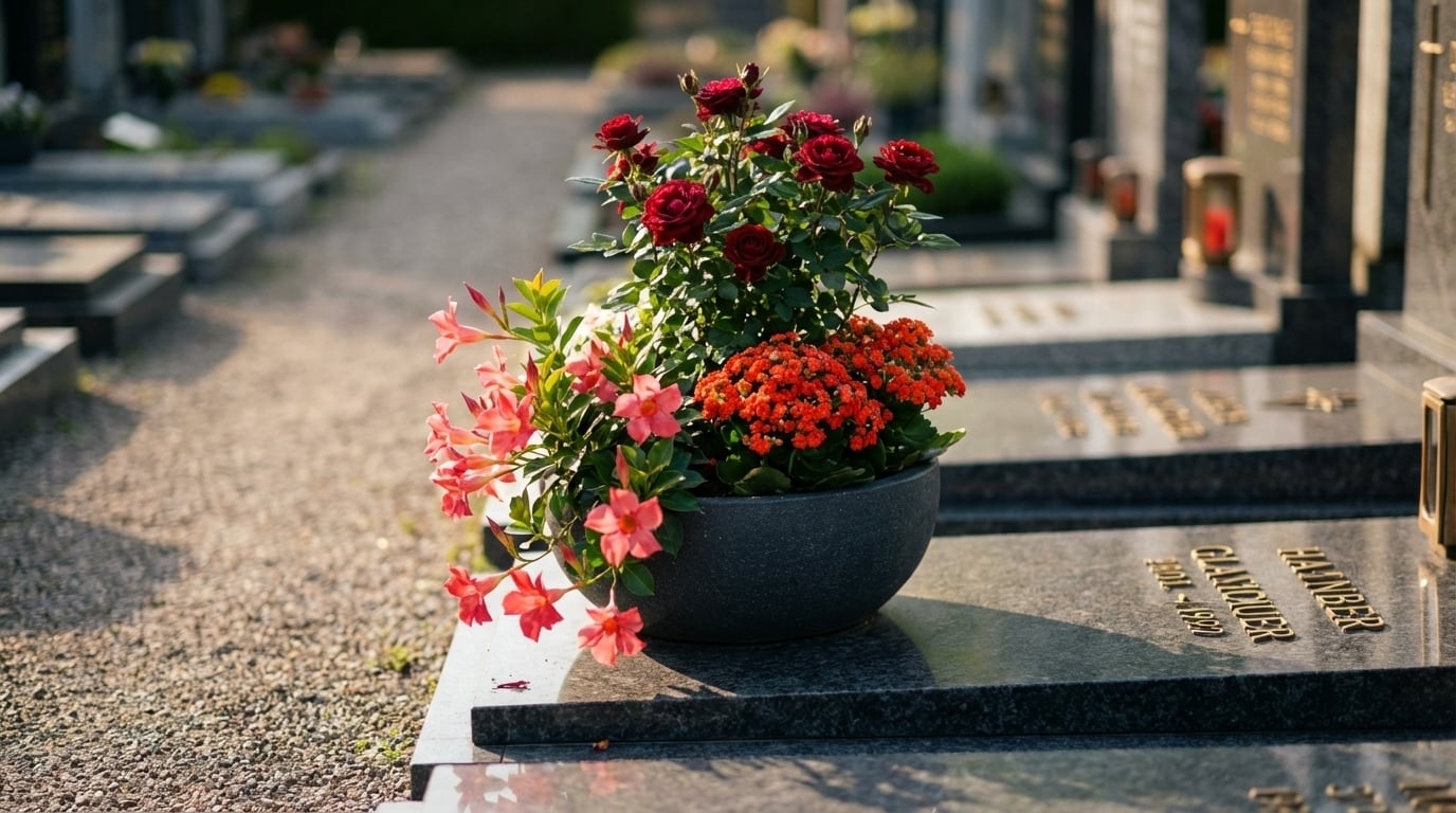 Kalanchoé rosier miniature dipladénia plante tombe cimetière