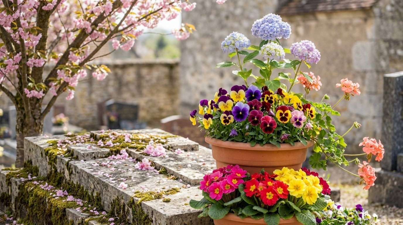 Pensées primevères hortensias géraniums fleurs cimetière printemps
