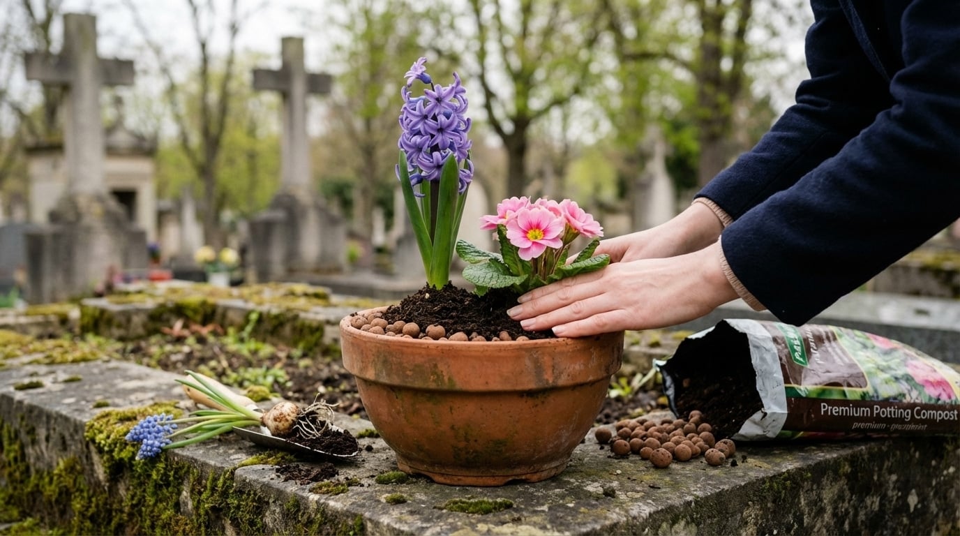 Plantation jardinière cimetière printemps mains fleuriste artisan