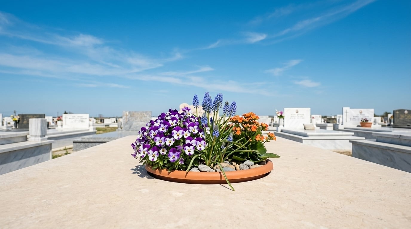 Tombe ensoleillée cimetière fleurs résistantes vent printemps