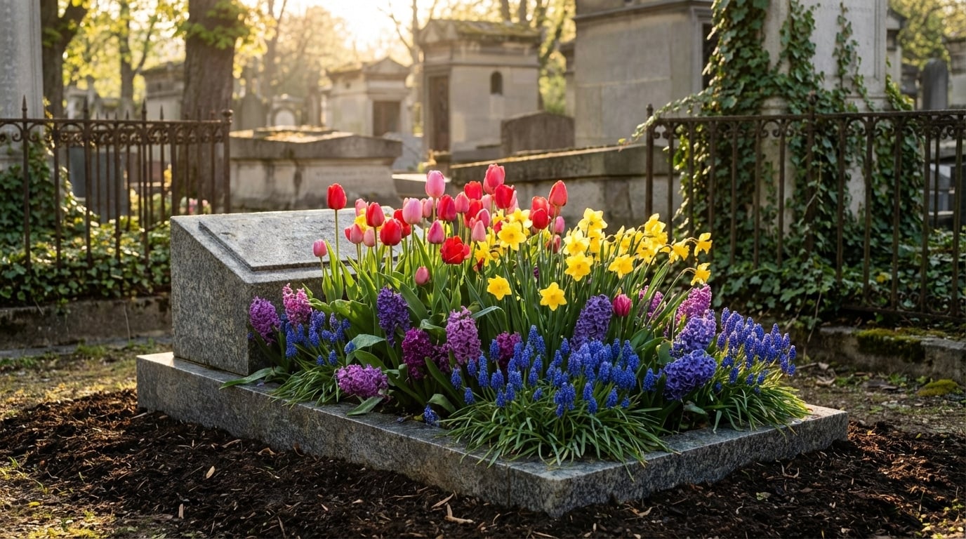 Tulipes jonquilles jacinthes muscaris tombe cimetière printemps