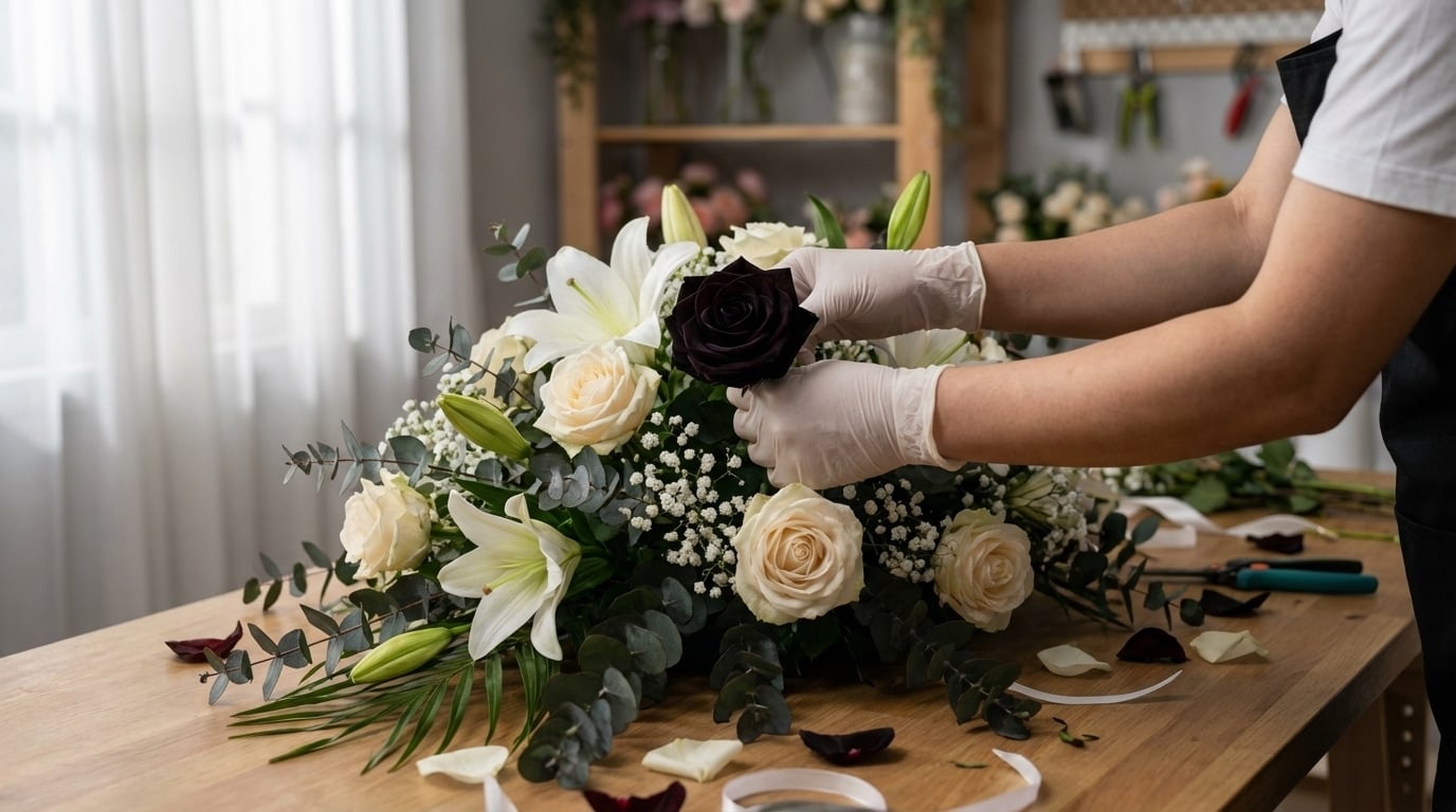 Composition funéraire rose noire bouquet gerbe artisan fleuriste