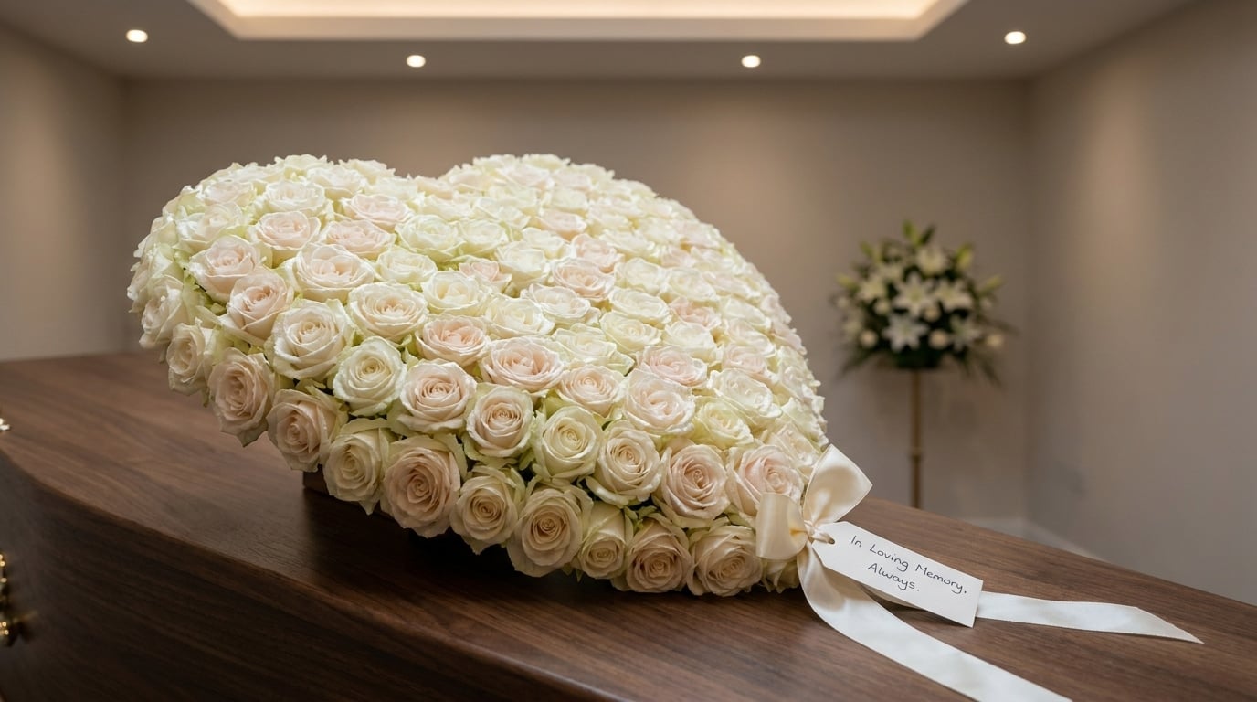 Coussin cœur roses rouges blanches hommage intime cercueil