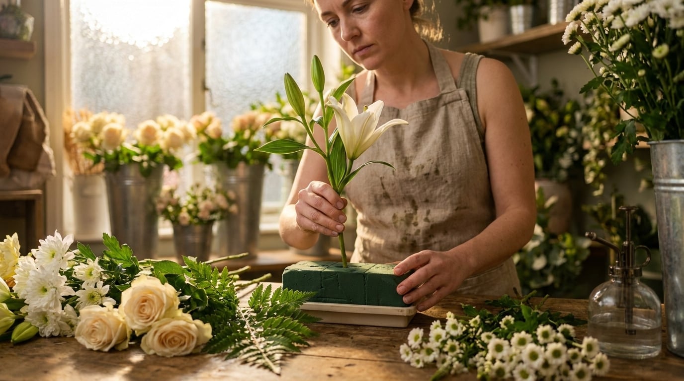 Fleuriste composant gerbe funéraire lys roses blanches