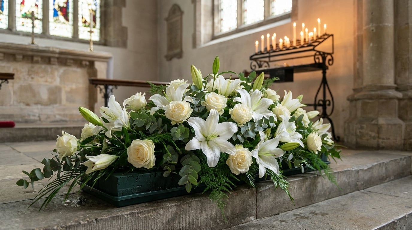 Gerbe de deuil blanche élégante fleurs fraîches cérémonie