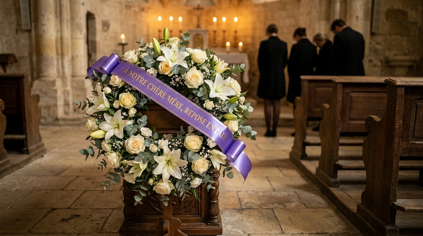 Cérémonie funèbre couronne fleurs ruban personnalisé