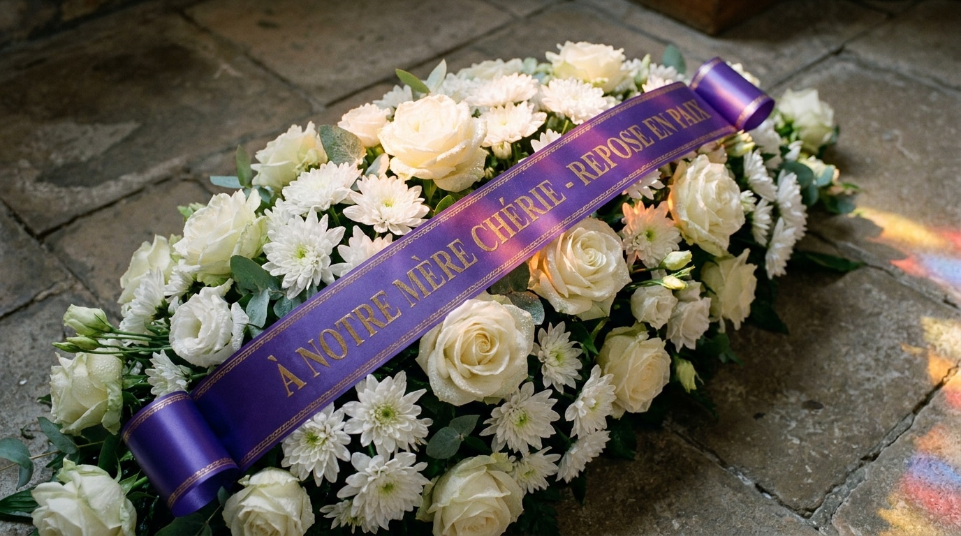 Ruban violet satin sur couronne mortuaire fleurs blanches