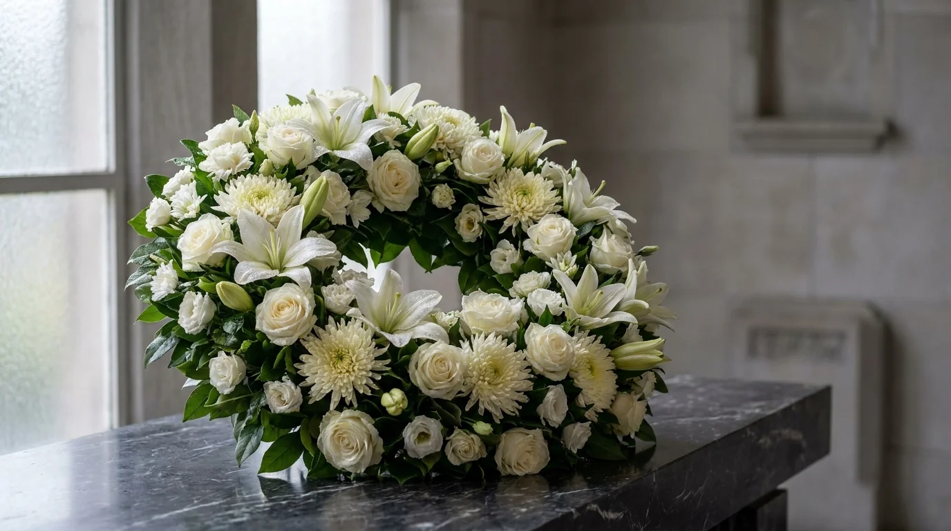 Couronne funéraire blanche roses lys cérémonie obsèques