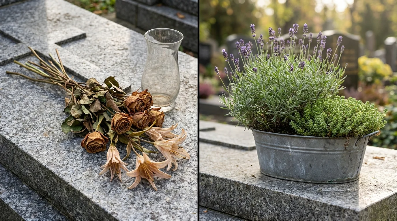 Bouquet fleurs coupées fanées comparé plante vivace tombe